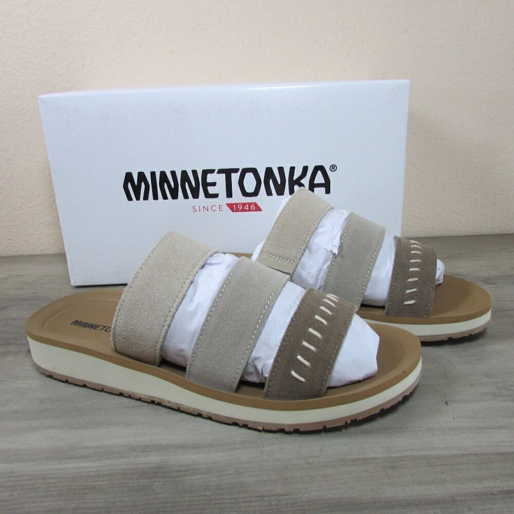 Minnetonka Women's Three Band Slide Sandal - Stone/Multi